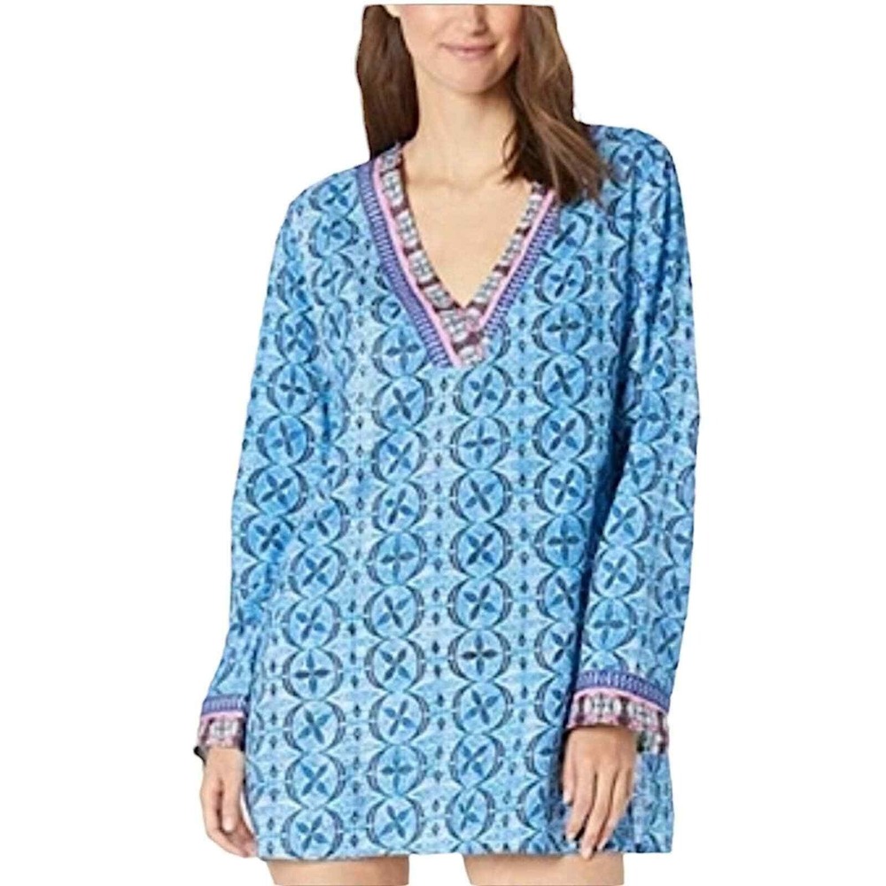 La Blanca Women's V-Neck‎ Lace Tunic Cover Up Blue Turquoise & Pink Print Size M